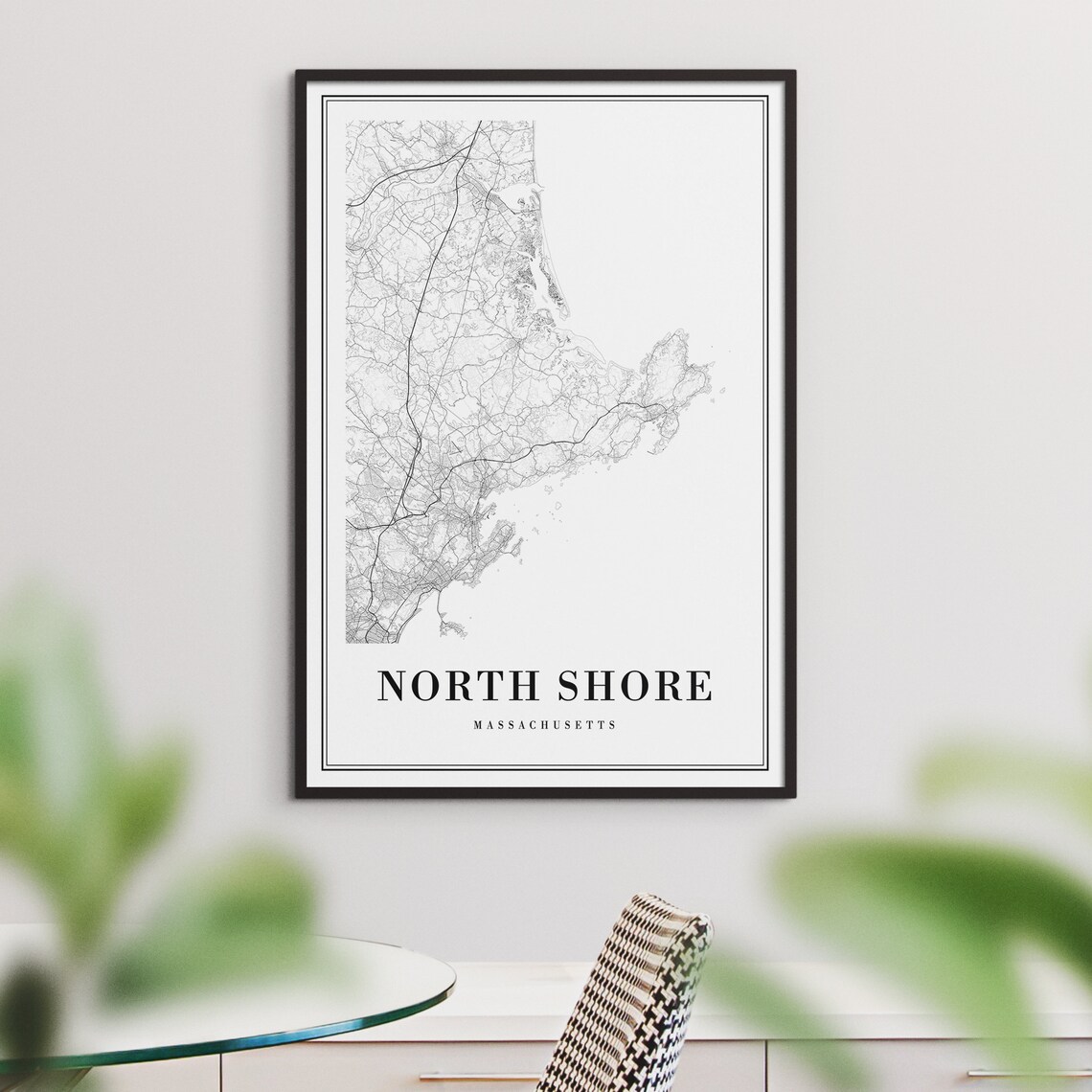 North Shore Massachusetts Map, Black and White Art Print - Image 3