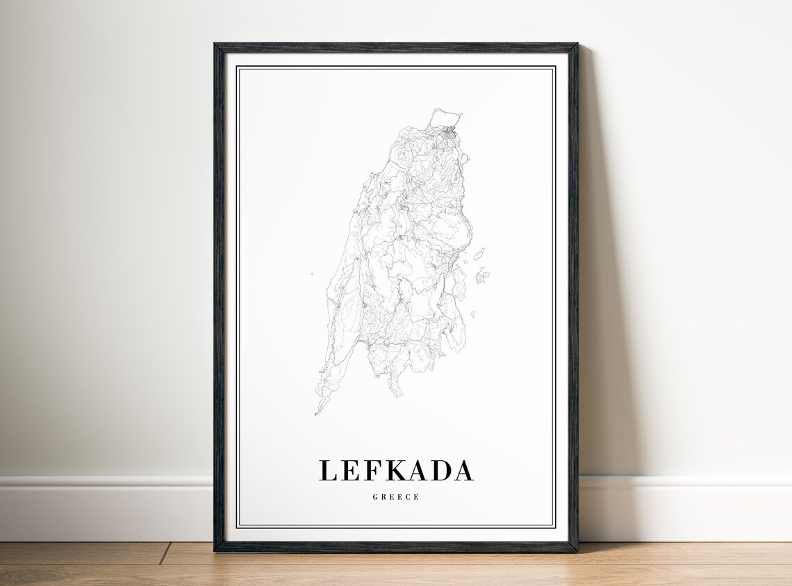 Lefkada Greece Map Poster, Black And White Sketch
