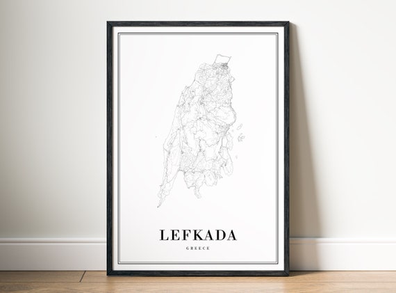 Lefkada Greece Map Poster, Black And White Sketch