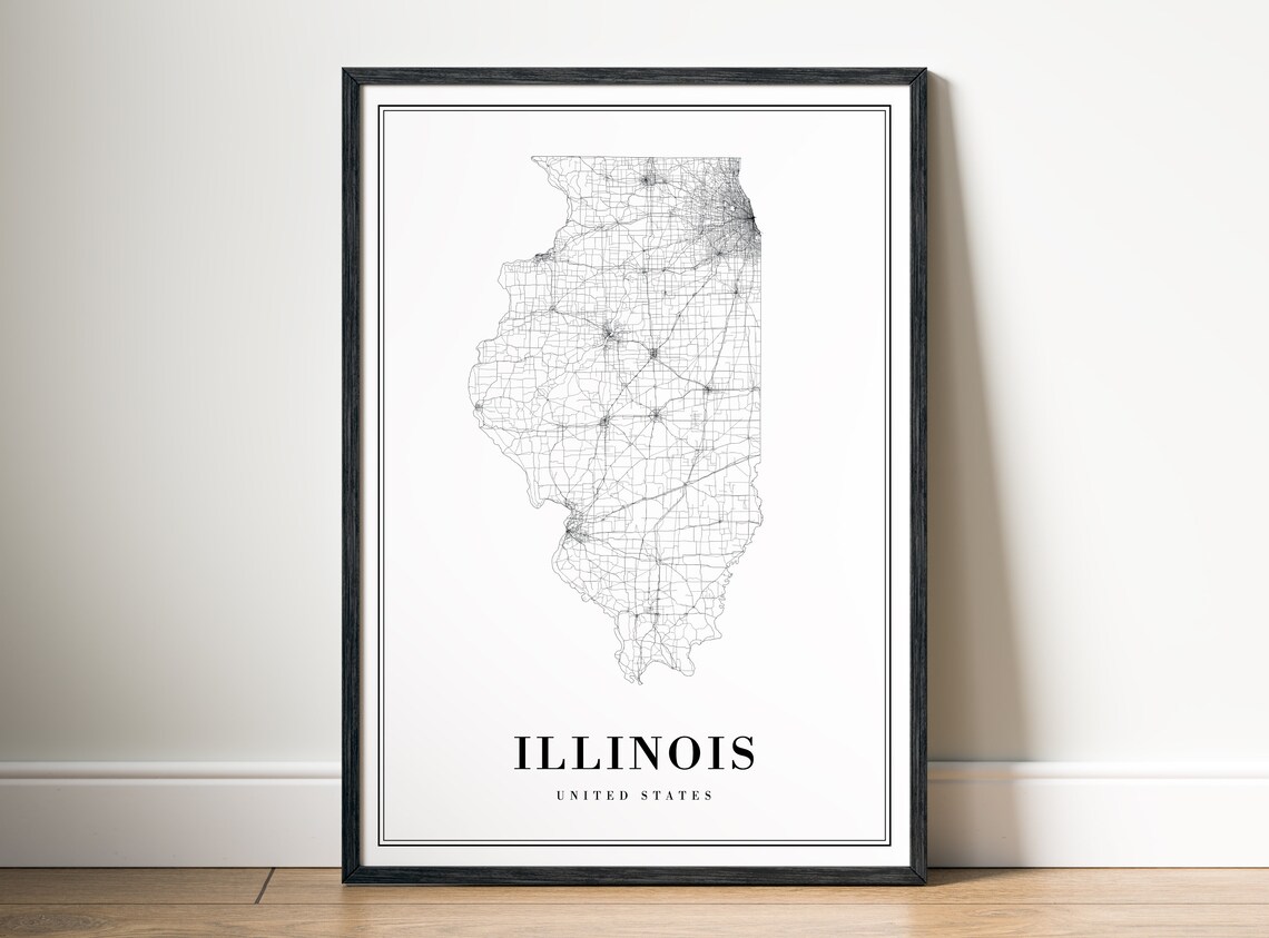 Illinois USA Map Print, Black and White Travel Poster