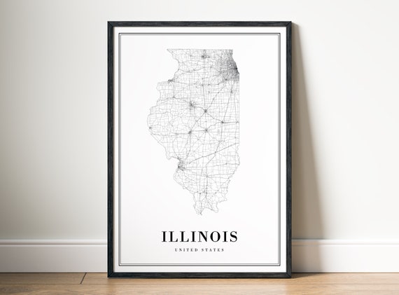 Illinois USA Map Print, Black and White Travel Poster