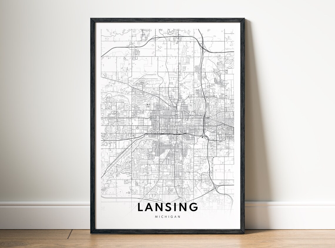 Lansing Michigan Map Print Instant Poster Black And White Wall Art Sketch