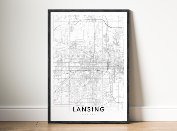 Lansing Michigan Map Print Instant Poster Black And White Wall Art Sketch
