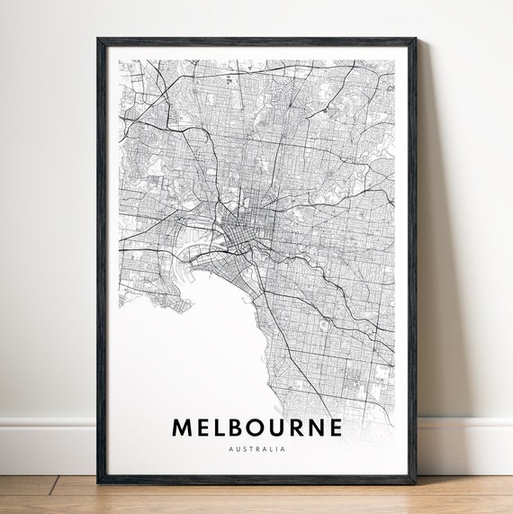 Melbourne Minimal Map Art Print, Black And White