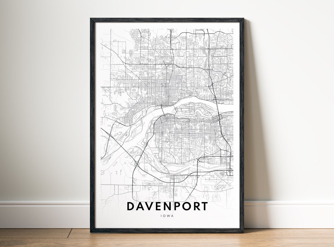 Davenport Iowa Minimalist Black and White City Street Map Poster