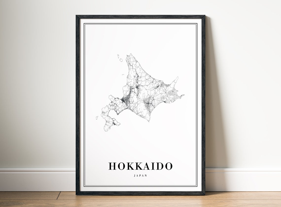 Hokkaido Japan Minimalist Black and White Island Map Art Poster