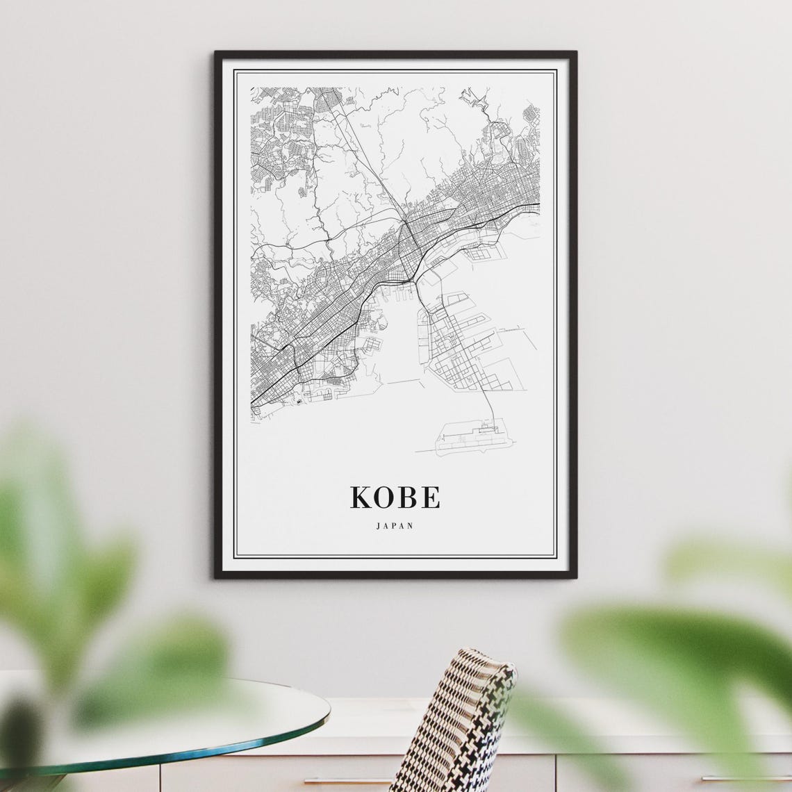 Kobe Japan Black And White Minimalist City Street Map Art Poster - Image 3