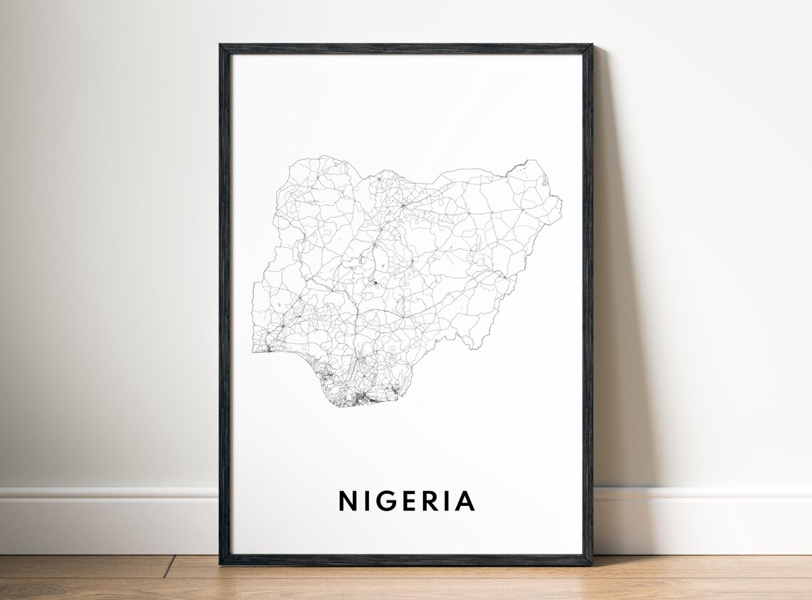 Nigeria Country Outline Black And White Minimalist Map Line Art Poster
