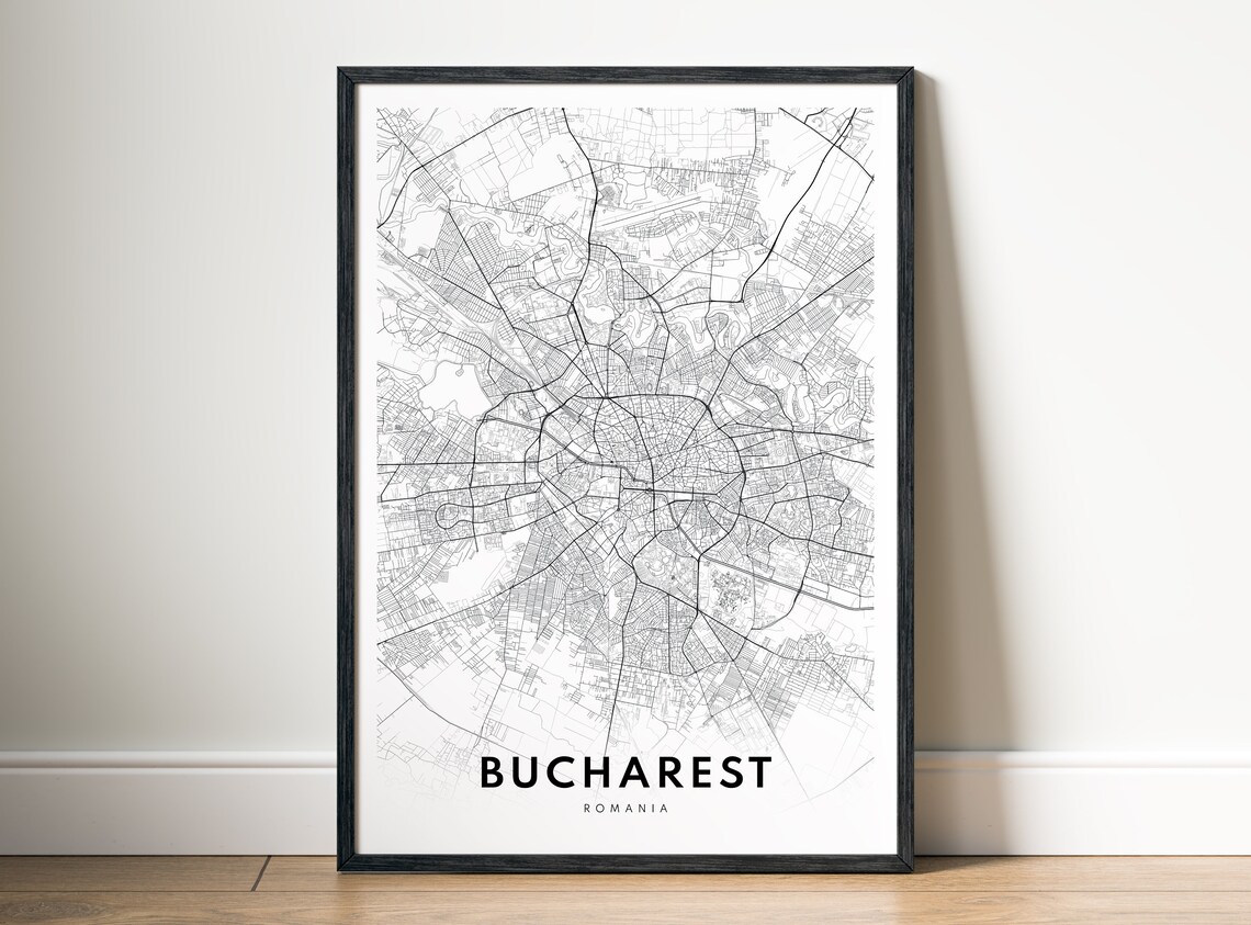 Bucharest Romania Map Poster, Black And White Sketch