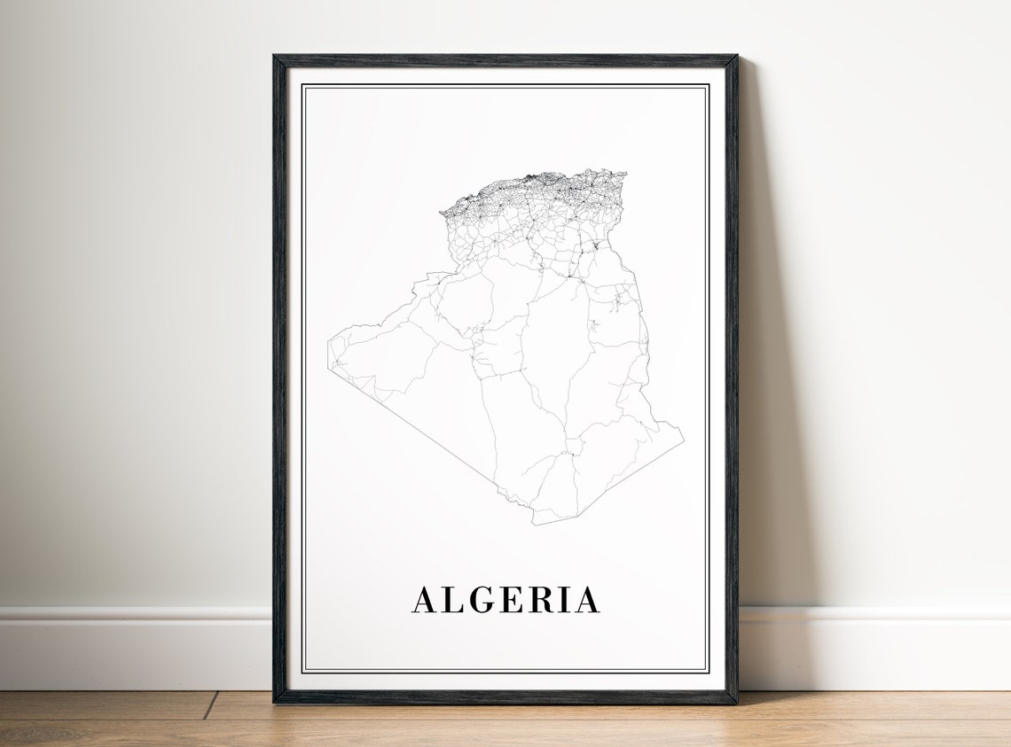 Algeria Minimalist Black and White Outline Country Map Poster