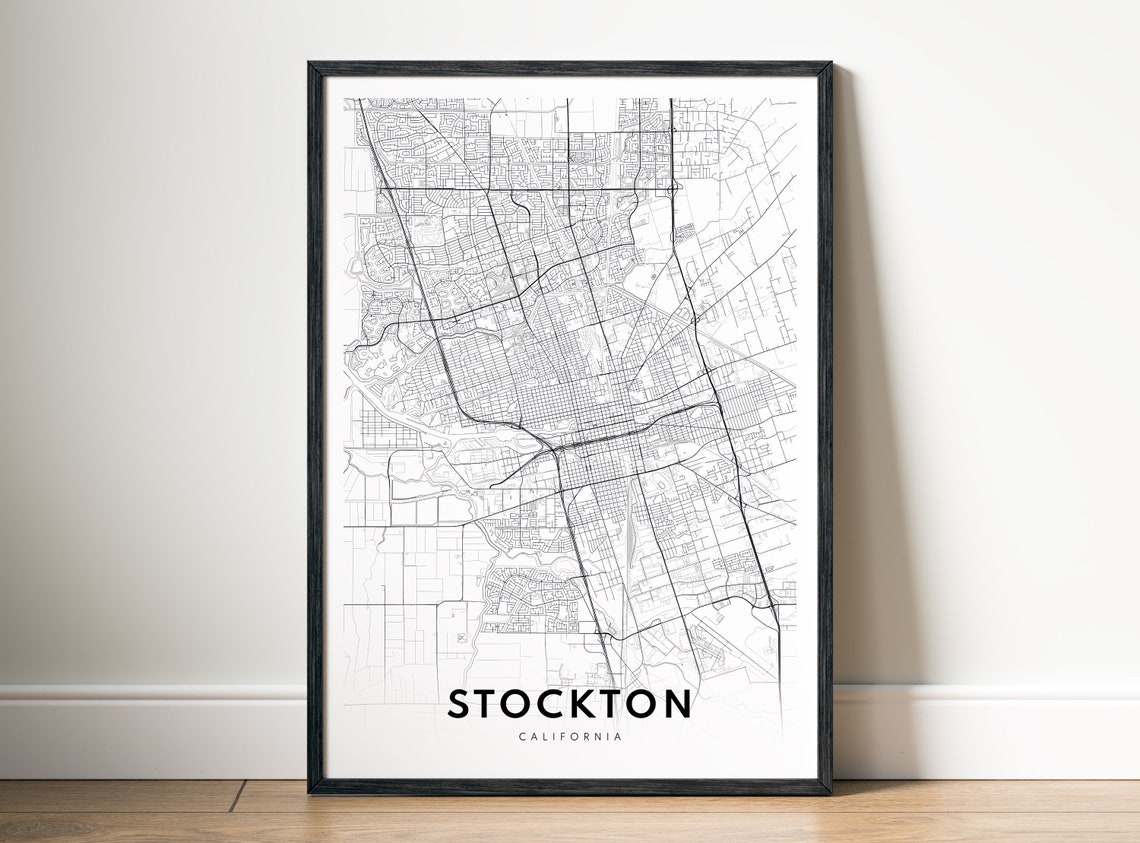 Stockton California Street Map Black and White City Line Art Poster