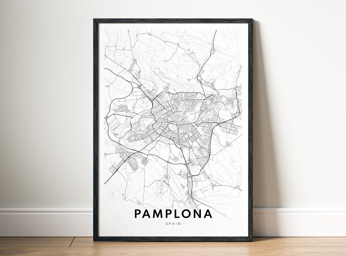 Pamplona Spain Minimalist Line Art City Map Black White Wall Art