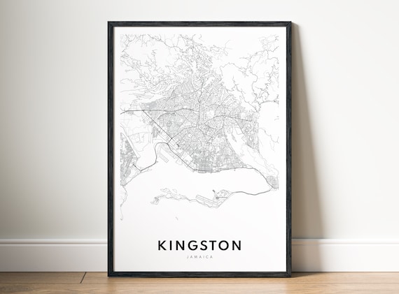 Instant Kingston Jamaica Map Print Poster Black And White Wallart Sketch