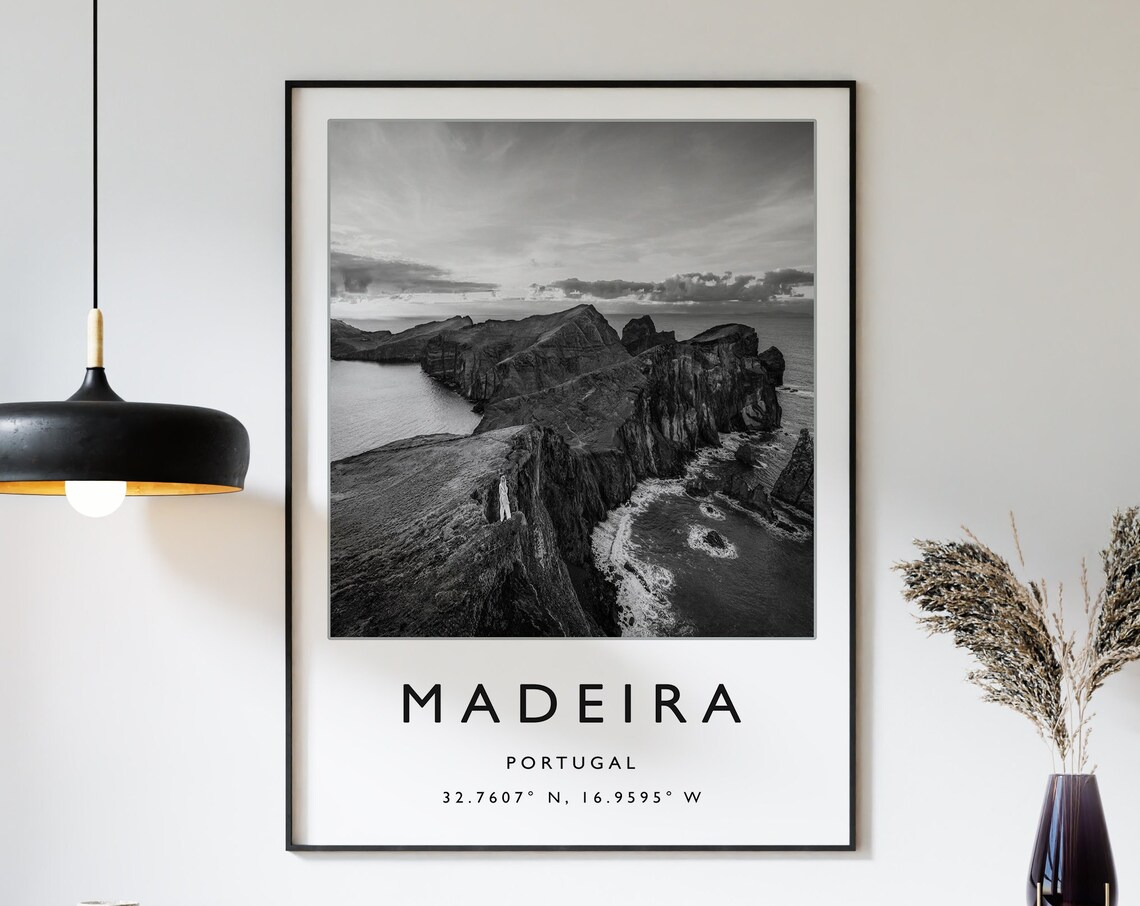 Madeira Portugal Dramatic Sea Cliffs Black and White Photo Poster