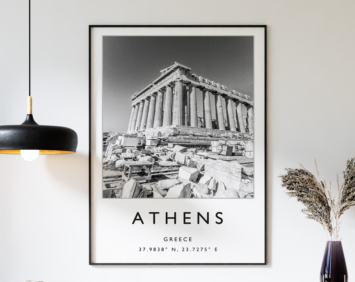 Athens Greece Parthenon Acropolis Black White Minimalist Photo Poster