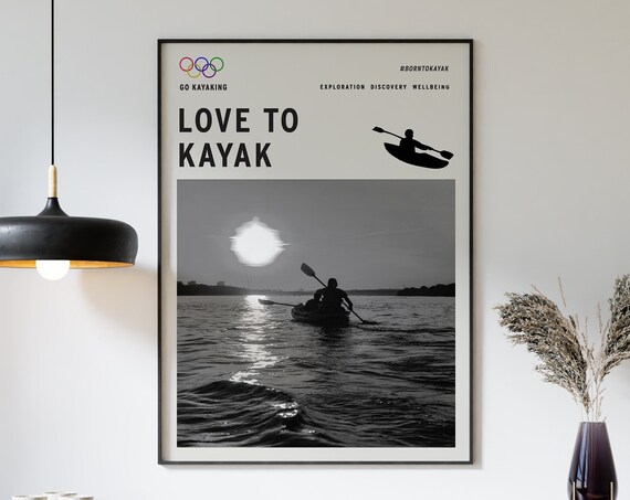 Love to Kayak Black and White Sunset Kayaker Photography Poster