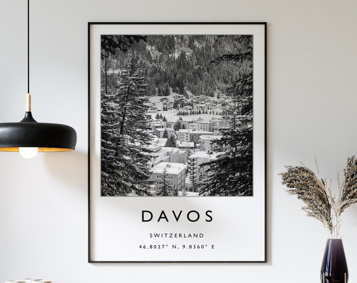 Davos Switzerland Black and White Winter Ski Resort Photo Poster
