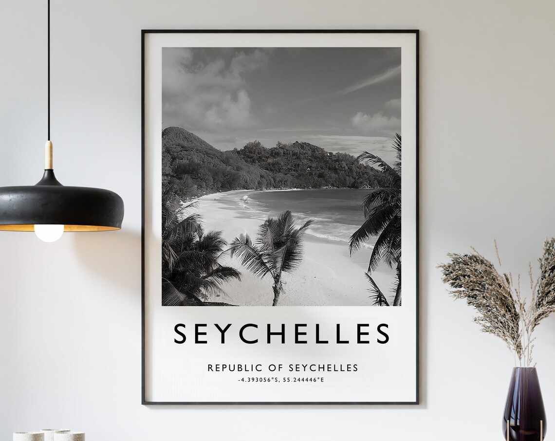 Seychelles Tropical Beach Palms Black And White Photography Poster
