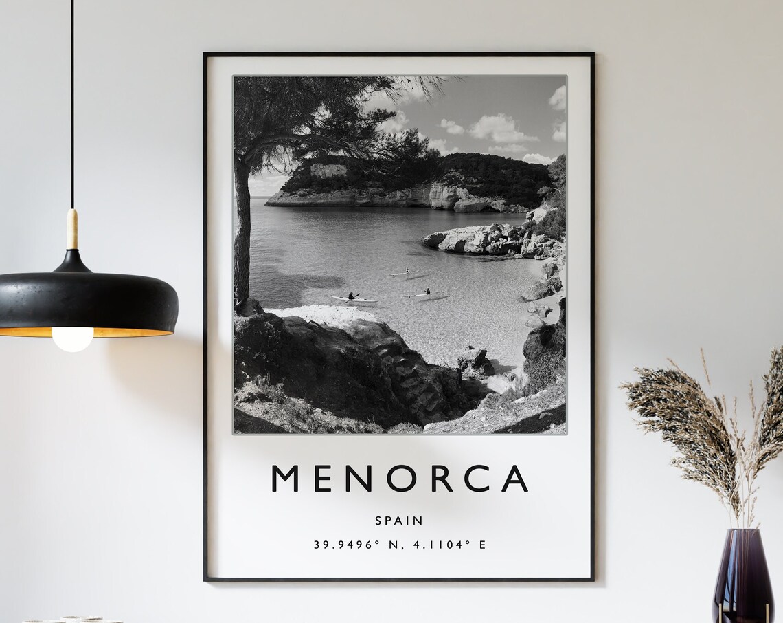 Menorca Spain Black and White Rocky Cove Boats Kayak Photo Poster