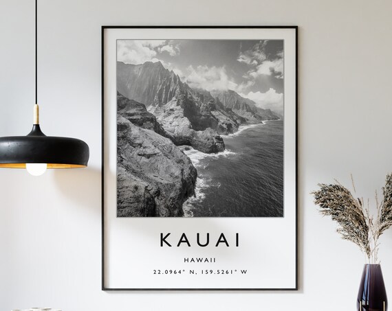 Kauai Travel Print Kauai Travel Poster Hawaii Travel Print Beach Travel Poster Sea Travel Art Black And White Travel Gift