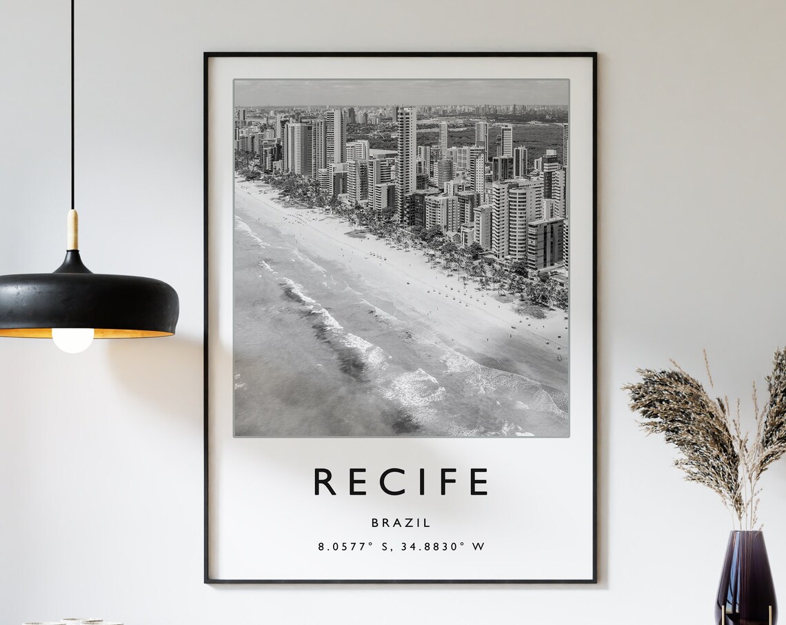 Recife Brazil Black and White Beach Aerial Photography Travel Poster
