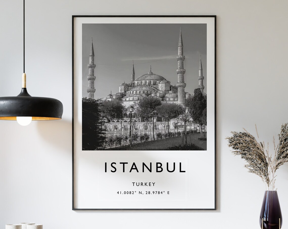 Istanbul Turkey Blue Mosque Black and White Photography Travel Poster