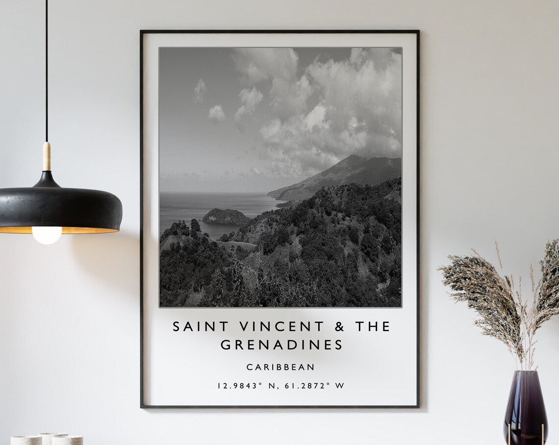 Saint Vincent Caribbean Island Mountains Black and White Photo Poster