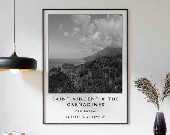Saint Vincent Caribbean Island Mountains Black and White Photo Poster