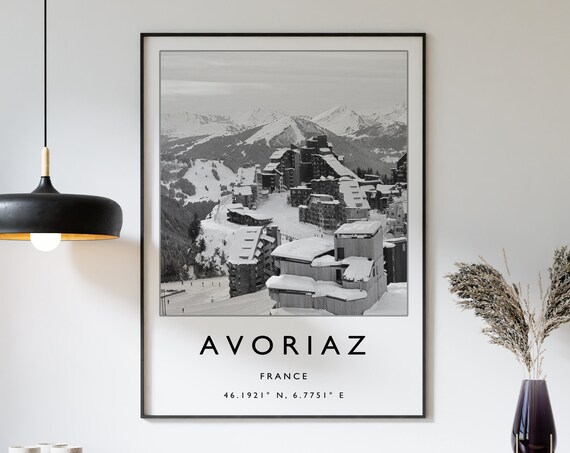 Avoriaz France Black White Photo Ski Resort Coordinates Poster