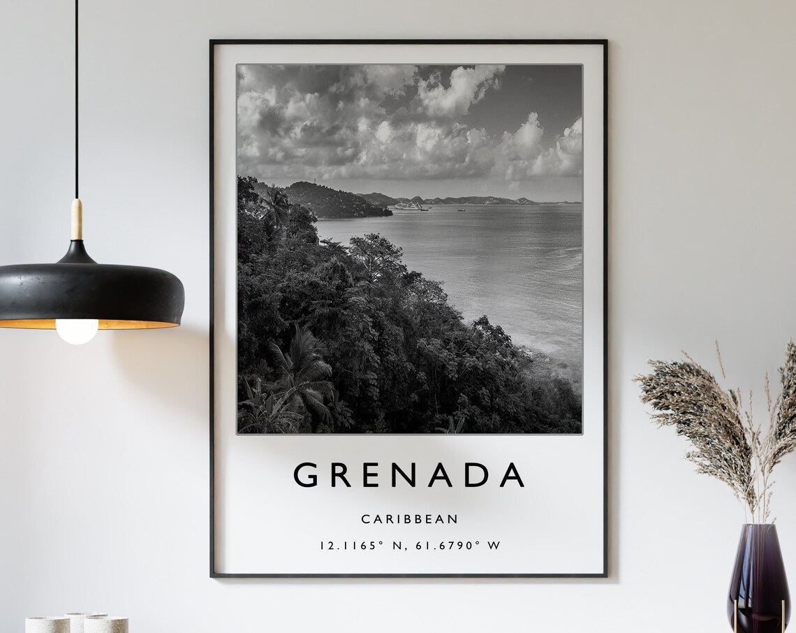 Grenada Travel Poster, Black And White Caribbean Art