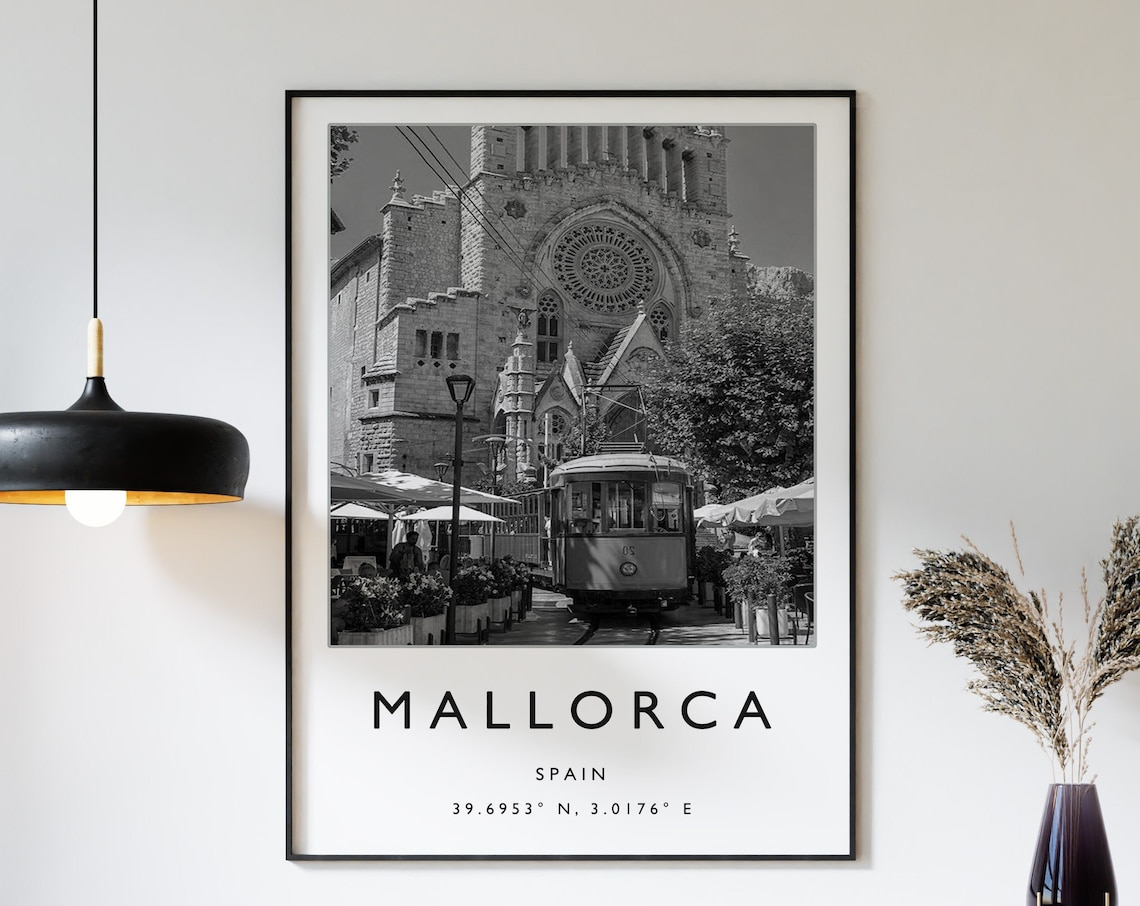 Mallorca Spain Black And White Cathedral Tram Street Photo Poster
