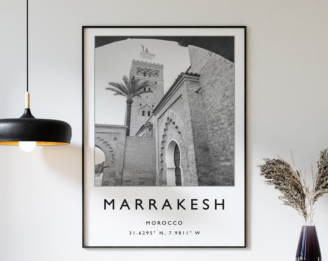 Marrakesh Morocco Black and White Mosque Minaret Photo Poster