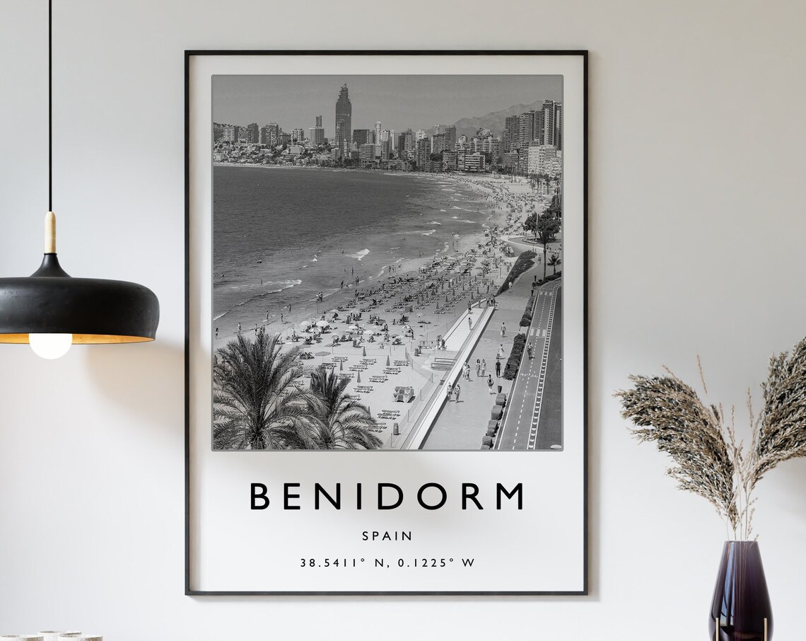 Benidorm Spain Black and White Beach Skyline City Photo Poster