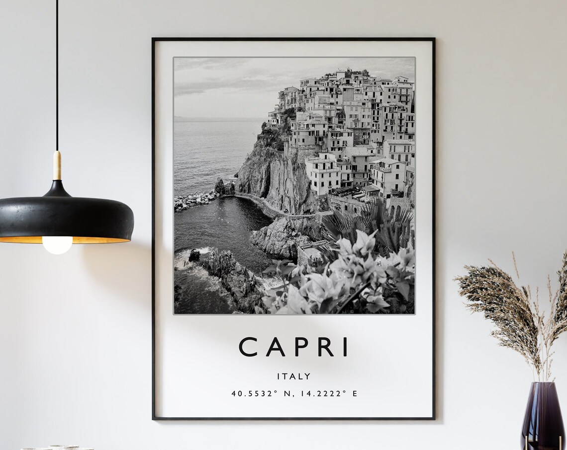 Capri Travel Poster, Black And White Italy Coast
