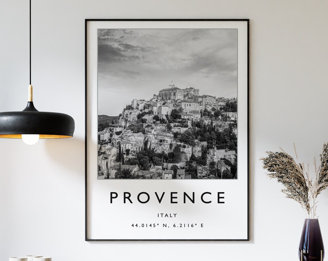 Provence Italy Hilltop Village Black and White Travel Poster