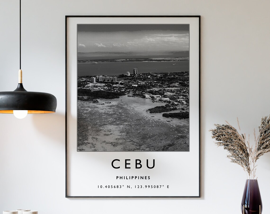 Cebu Philippines Aerial Coastline City Black White Photo Poster