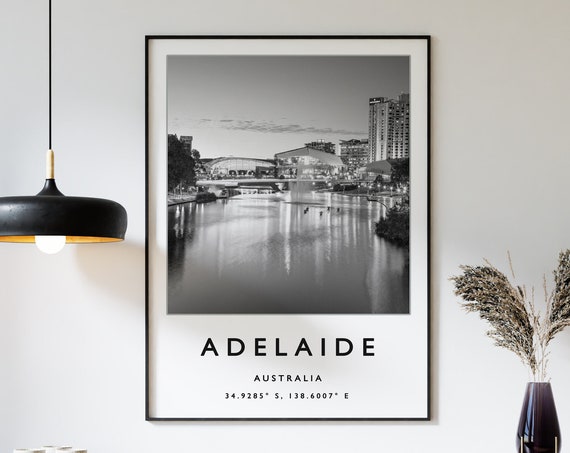 Adelaide Travel Print Poster Australia Art Black And White Coordinates