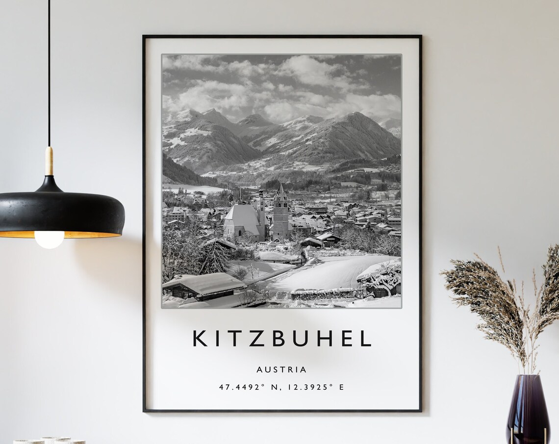 Kitzbuhel Austria Black White Snowy Alpine Town Photo Travel Poster
