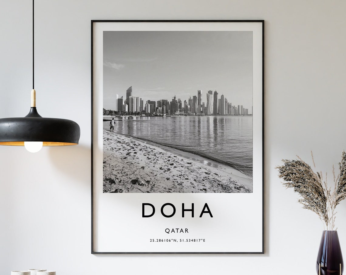 Doha Qatar Black White Travel Poster Skyline Beach Photo Minimal Art