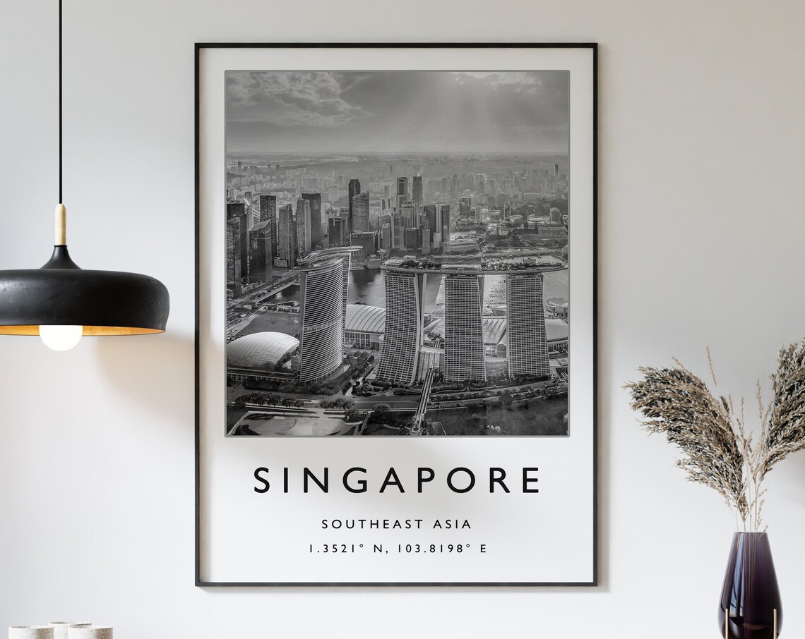 Singapore Travel Poster, Black and White Photo Art
