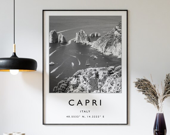 Capri Italy Faraglioni Rocks Black And White Photography Poster