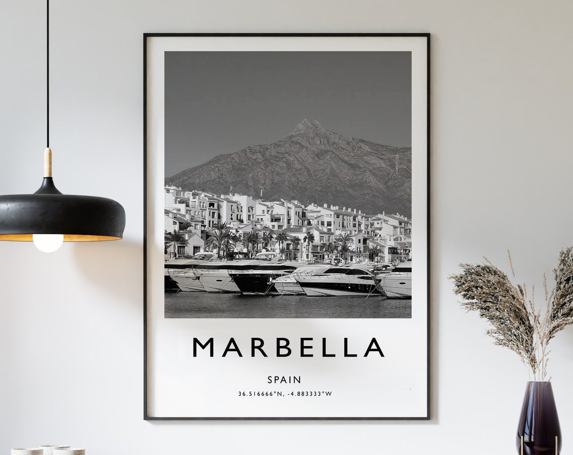 Marbella Spain Black and White Marina Yachts Mountain View Poster
