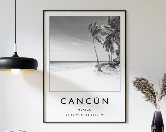 Cancún Mexico Black and White Beach Palm Photo Coordinates Poster