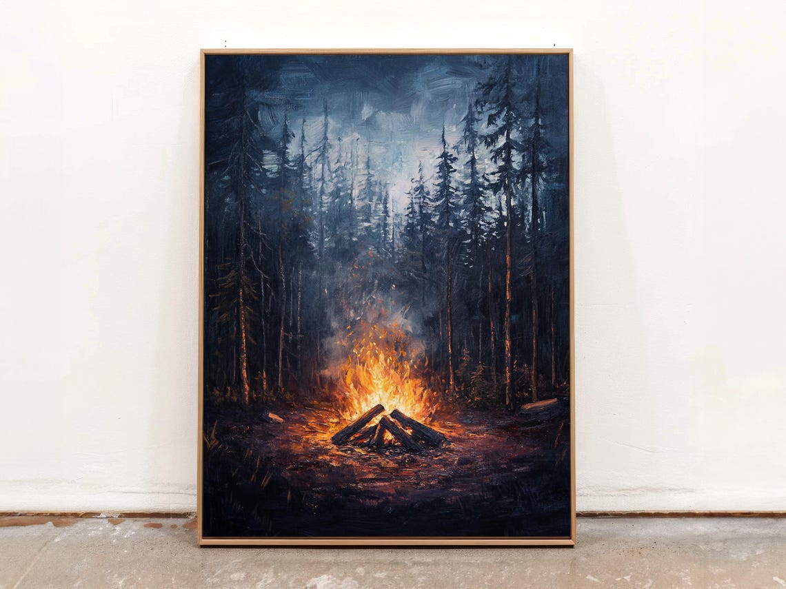 Glowing Campfire in Dark Pine Forest at Night Oil Painting Poster - Image 2
