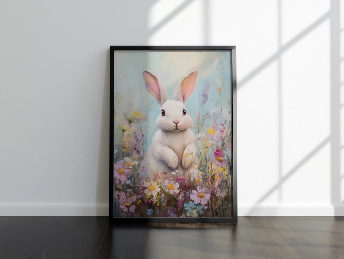 Graceful White Bunny in a Pastel Wildflower Garden Art Poster - Image 3
