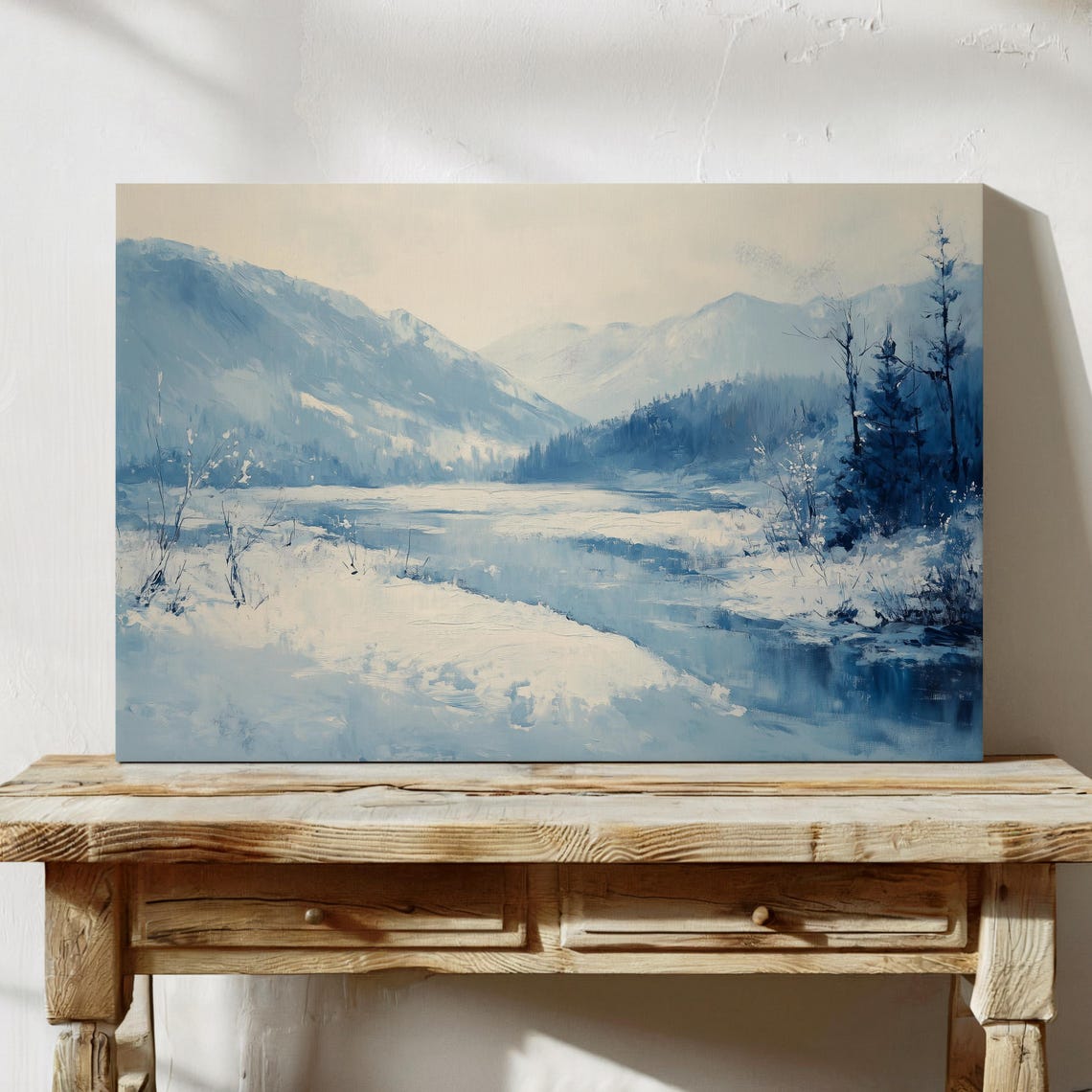 Serene Blue Winter Mountain Valley With a Snowy River Poster