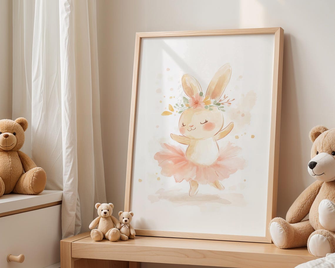 Dancing Ballet Bunny Watercolor Nursery Wall Art Flower Crown - Image 4