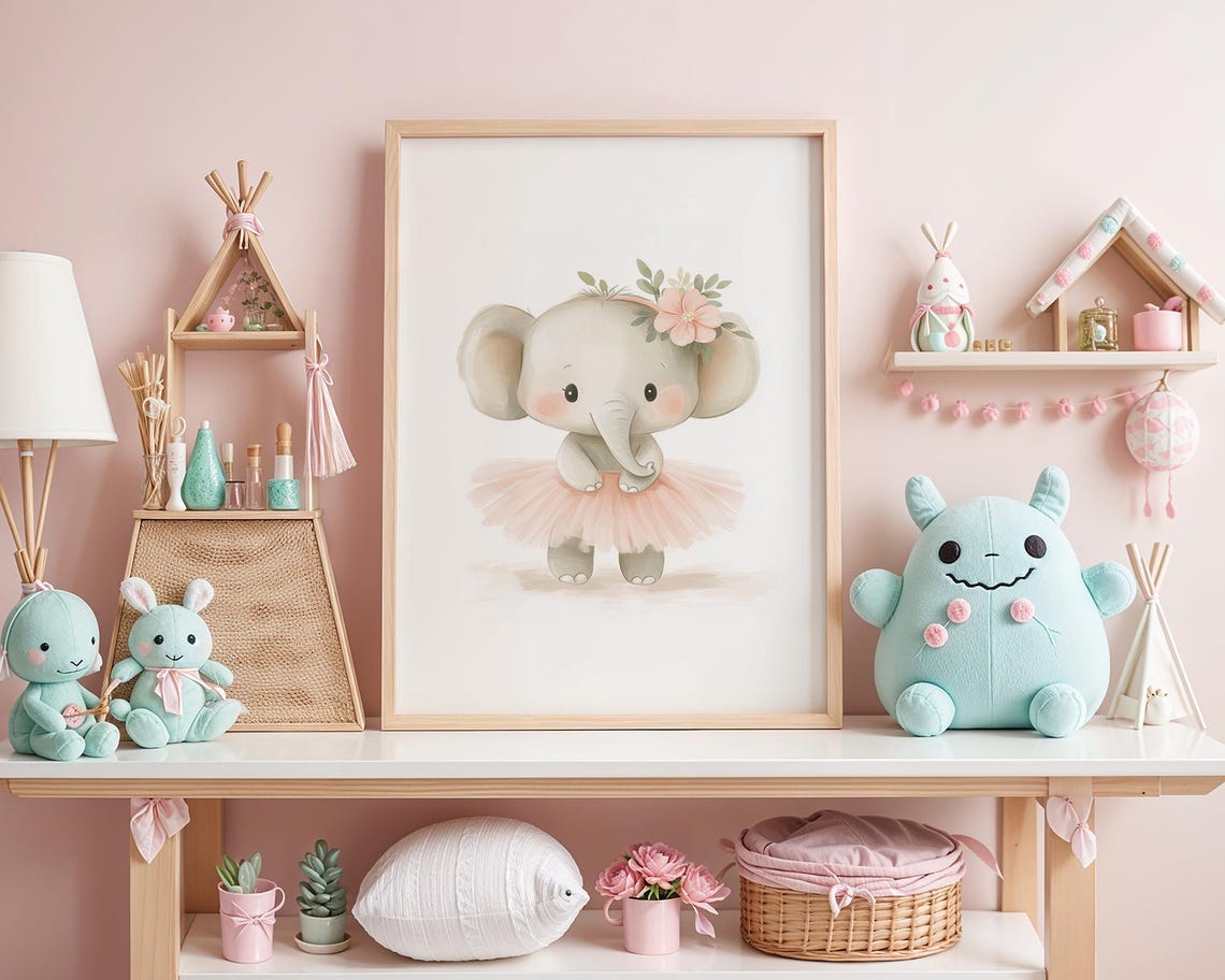Enchanting Baby Elephant Ballerina Flower Crown Nursery Art Poster - Image 4