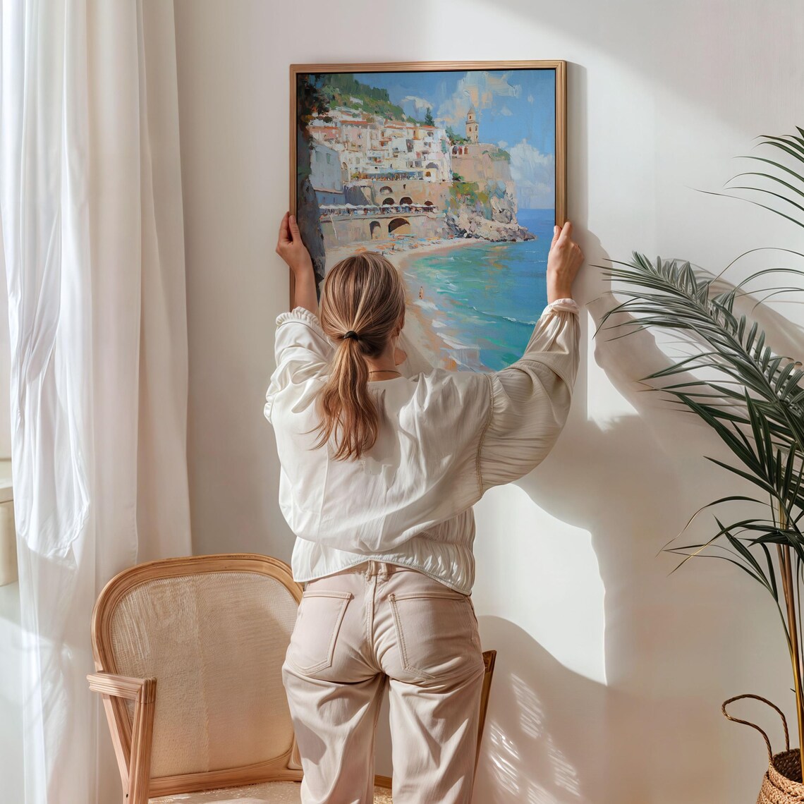 Amalfi Style Coastal Town Beach Painting Turquoise Water Wall Art - Image 5