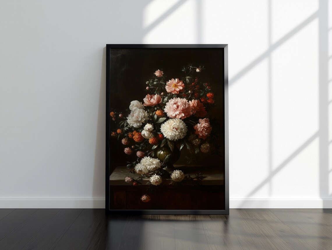 Dark Still Life of White Peonies and Blossoms Vintage Floral Wall Art - Image 3